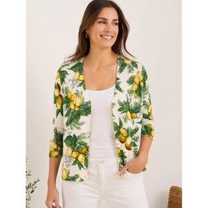 Talbots Lemon Print Cardigan L Mediterranean Coastal Spring Lightweight Chic